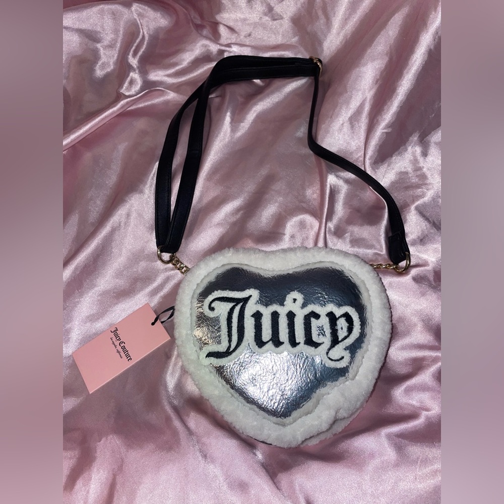 NWT Juicy Couture Designer MetallicSilver sherpa heart  purse